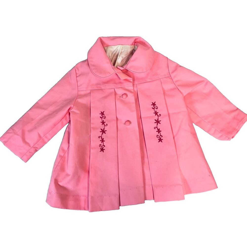 Vintage Weather Tamer Girl's Over Coat Jacket sz 24m 2T Pink Embroidery Pleats